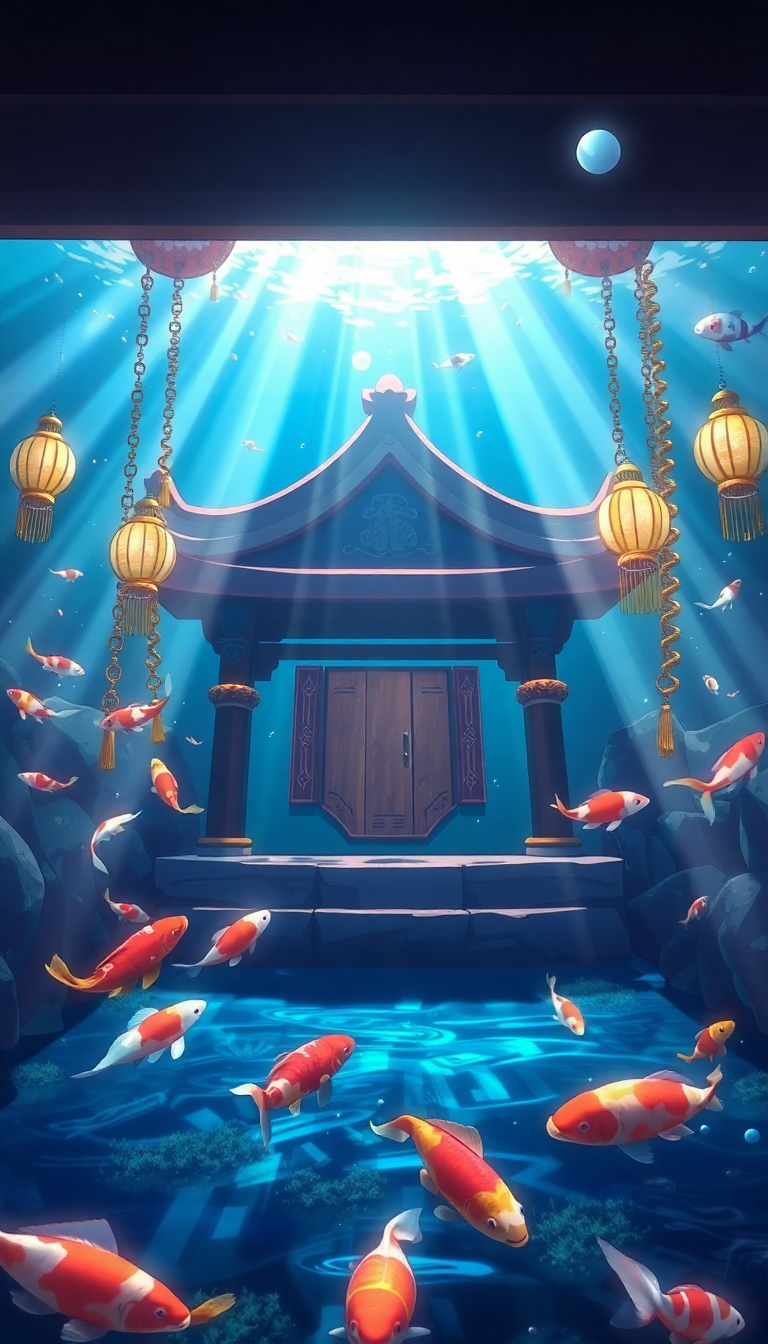 Underwater Shrine Koi Fish Swimming Sunbeams Anime Ultra HD Wallpaper