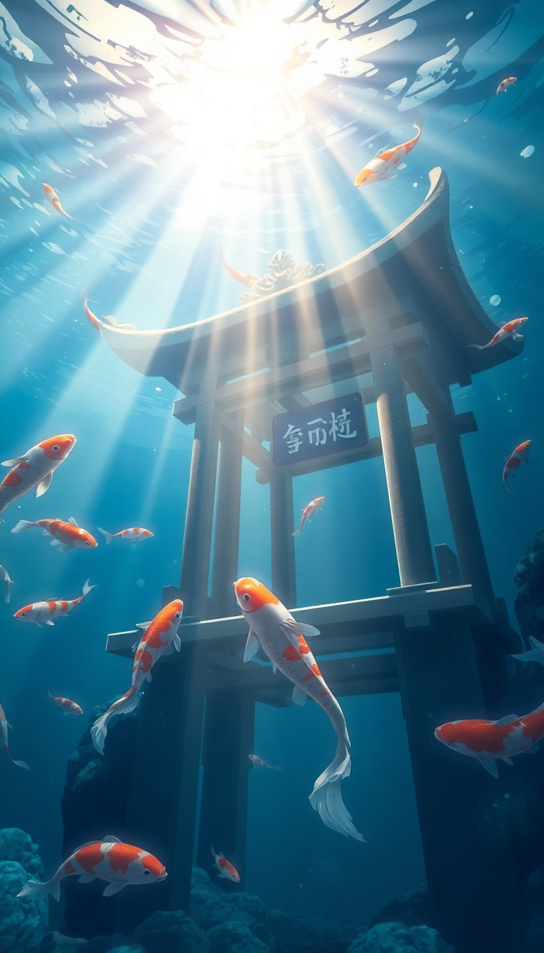 Anime Subtle Underwater Shrine Koi Wallpaper