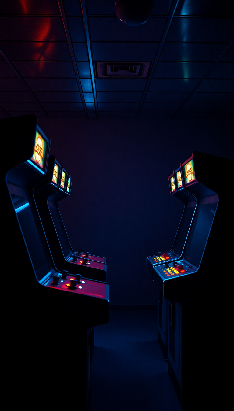 Vintage Arcade Machines Dark Room Photorealistic Wallpaper