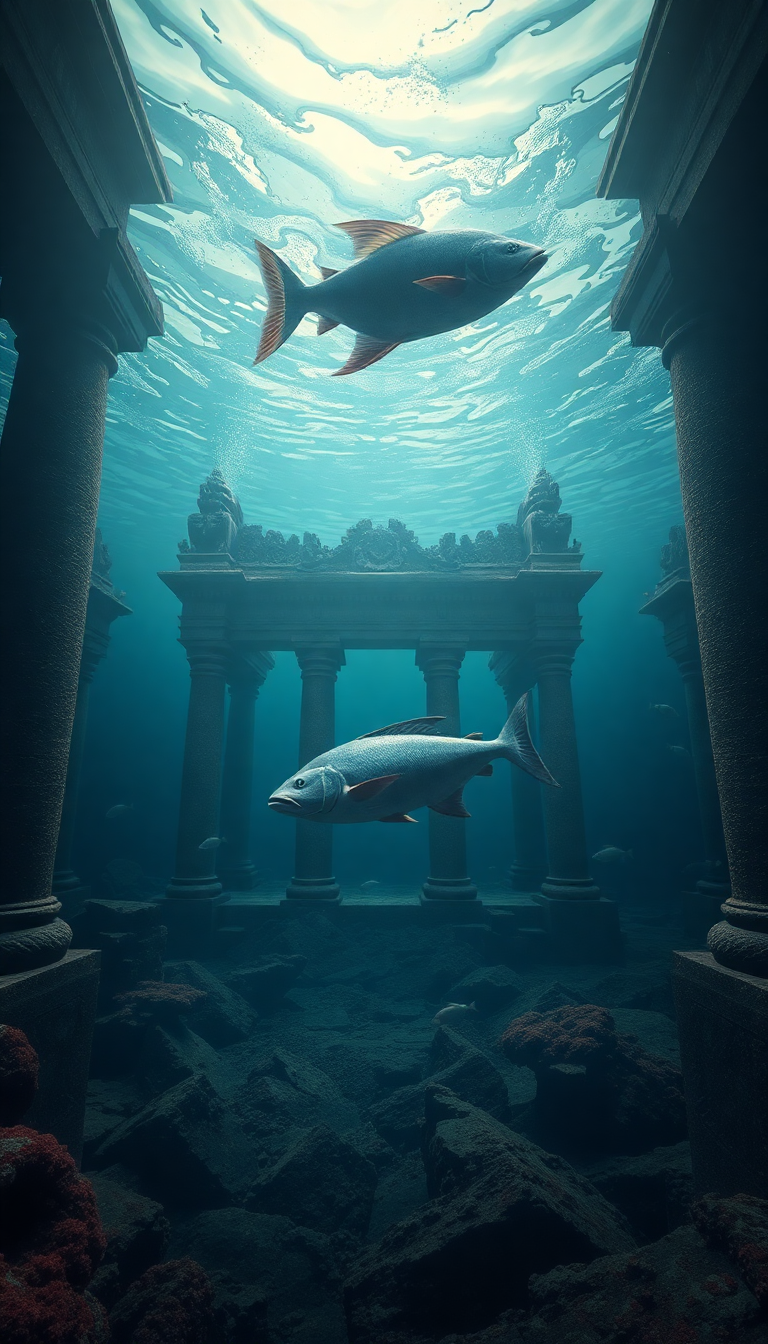 Sunken Ancient Temple Fish Swimming Digital art Wallpaper