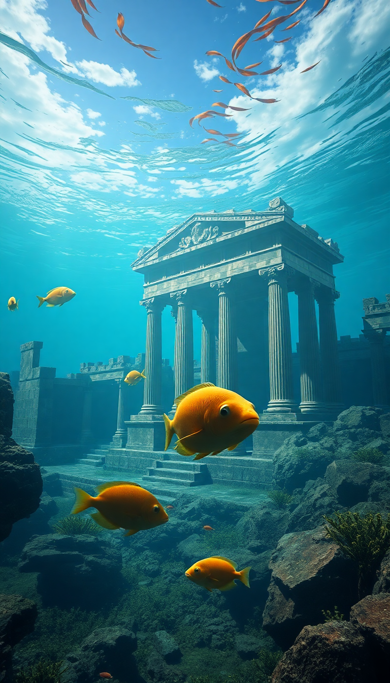 Sunken Ancient Temple Fish Swimming Digital art Wallpaper