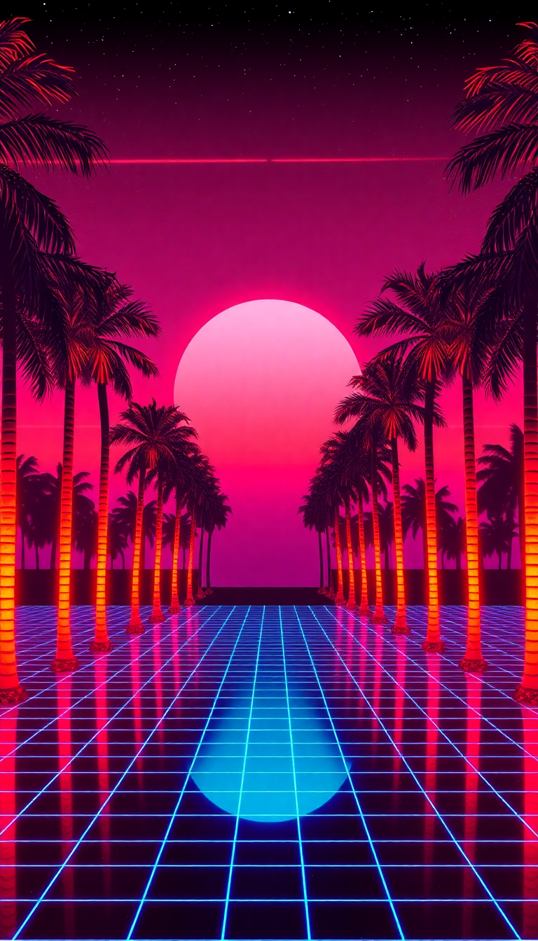 Sunset Palm Trees Neon Cyberpunk Deluxe Wallpaper