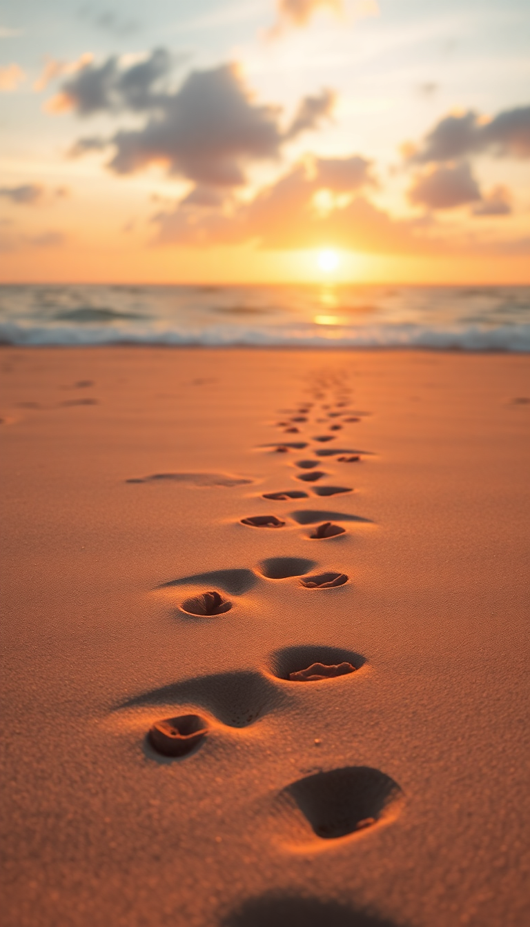 Summer Beach Golden Hour Footprints Sand Photorealistic 4K Wallpaper