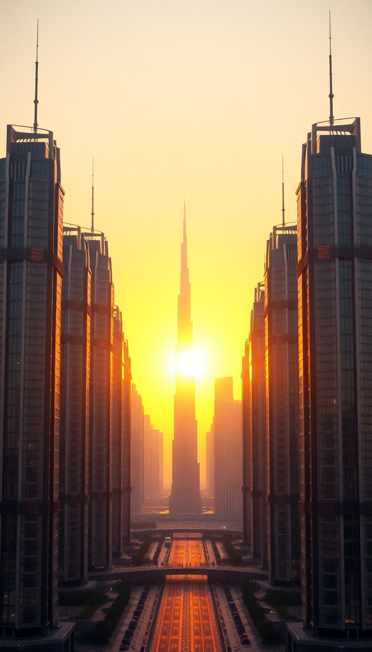 Western Sunset Towers Futuristic Skyline Photorealistic Wallpaper