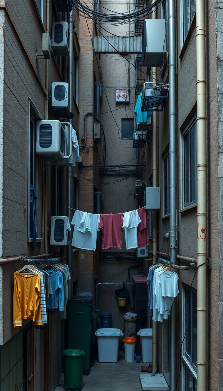 Hong Kong Density Apartments Laundry Hanging Photorealistic Classic Wallpaper