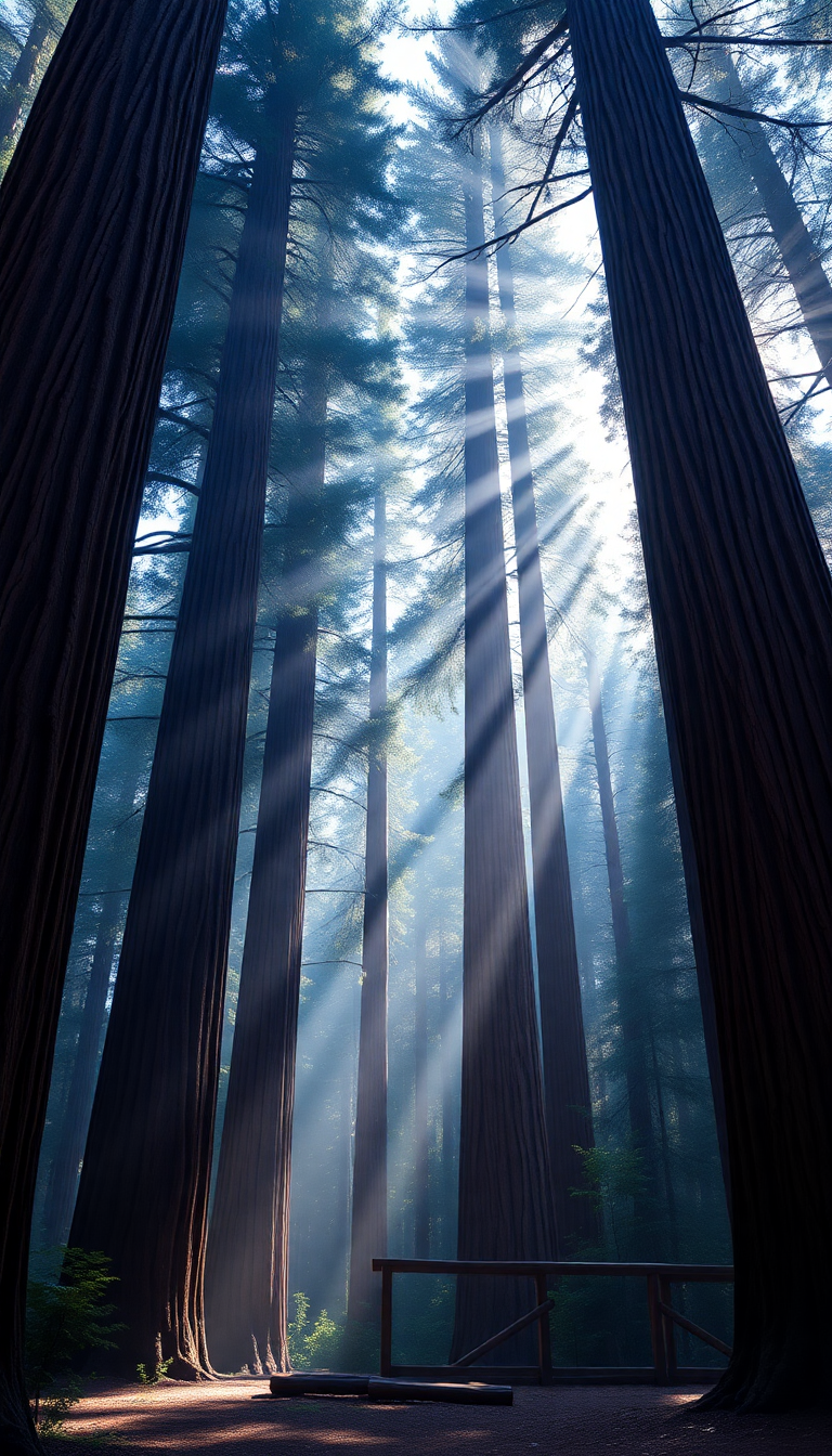 Mystic Redwood Trees Morning Fog Photorealistic Wallpaper