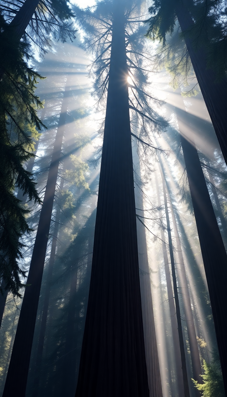Giant Redwood Trees Morning Fog Sunbeams Photorealistic Super Wallpaper