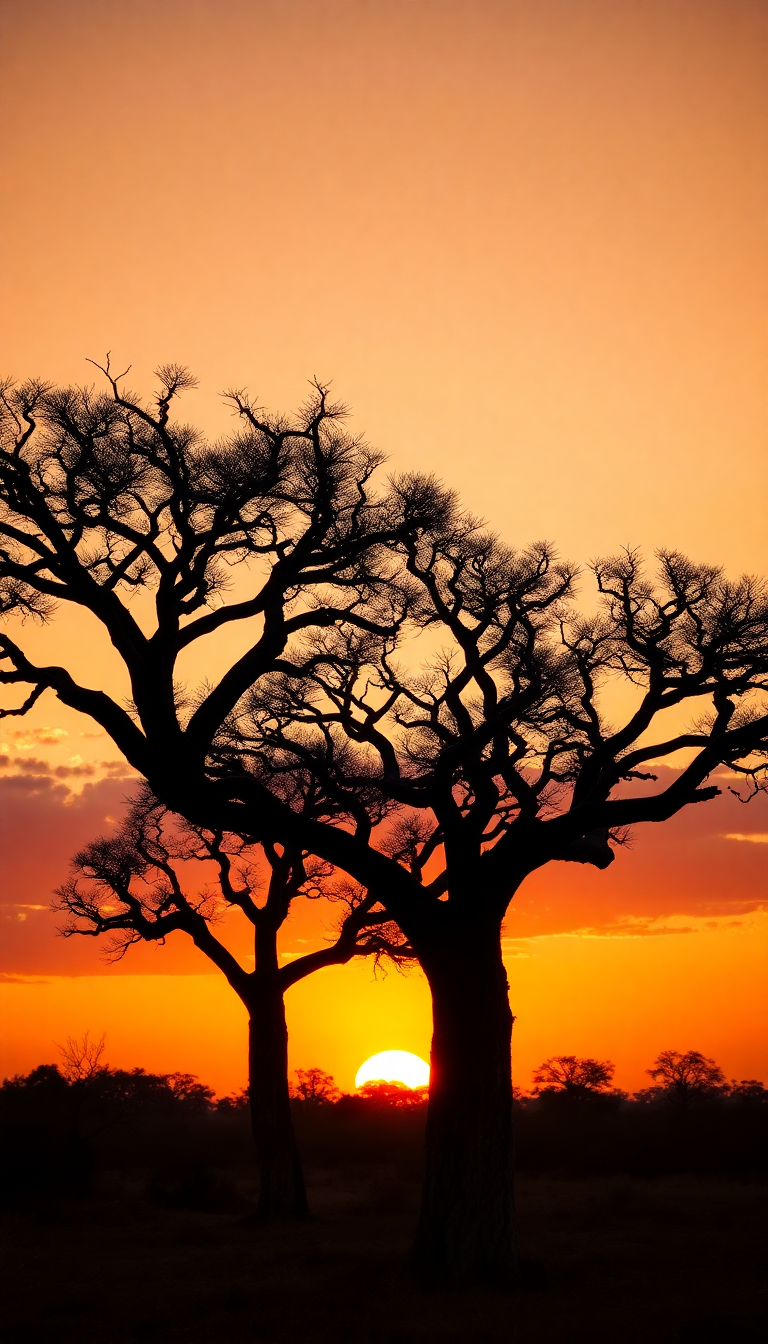 Soft Trees Silhouette African Sunset Photorealistic Wallpaper