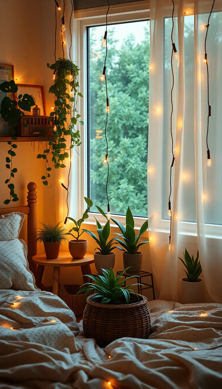 Fairy Lights Plants Cozy Aesthetic Enhanced Wallpaper