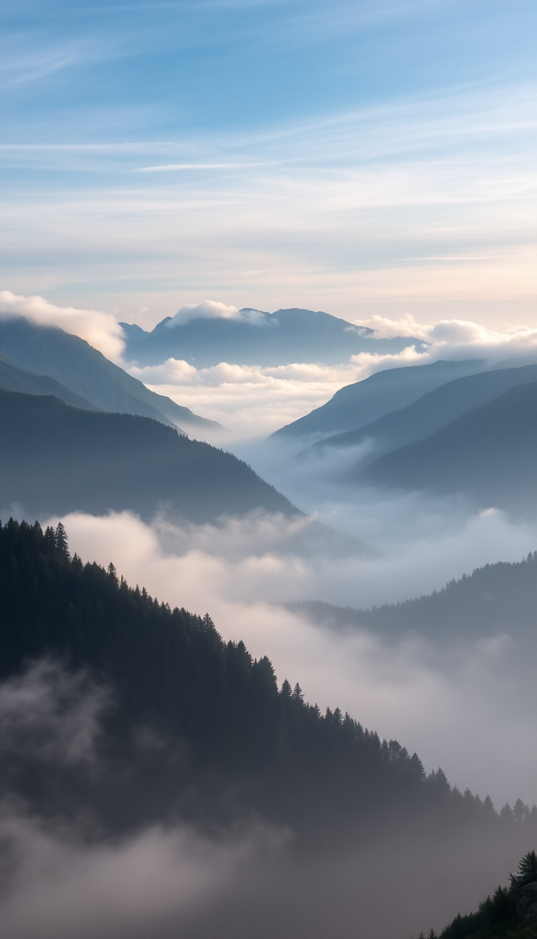 Fog Rolling Over Mountains Valley Below Photorealistic Elite Wallpaper