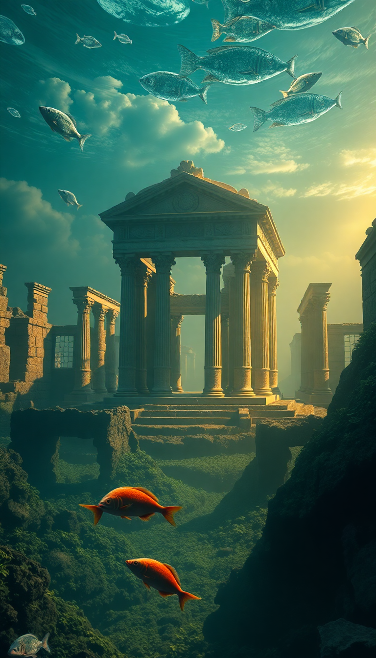 Misty Swimming Fish Temple Ancient Digital art Wallpaper