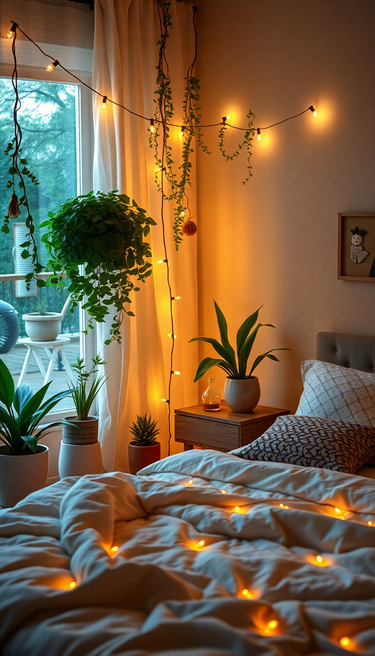 Indie Bedroom Fairy Lights Plants Cozy Photorealistic Ultra HD Wallpaper