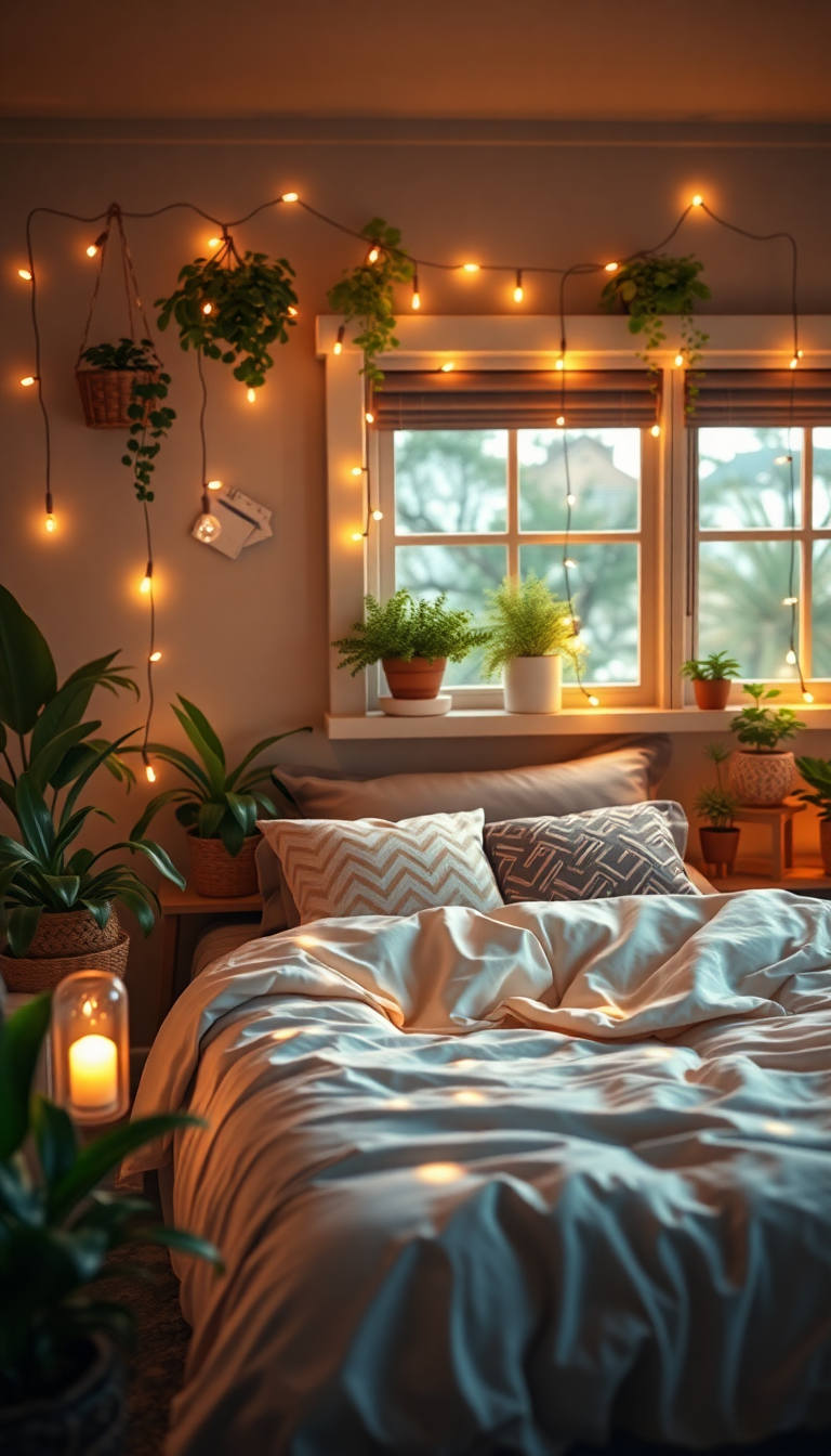 Serene Bedroom Fairy Lights Plants Photorealistic Wallpaper