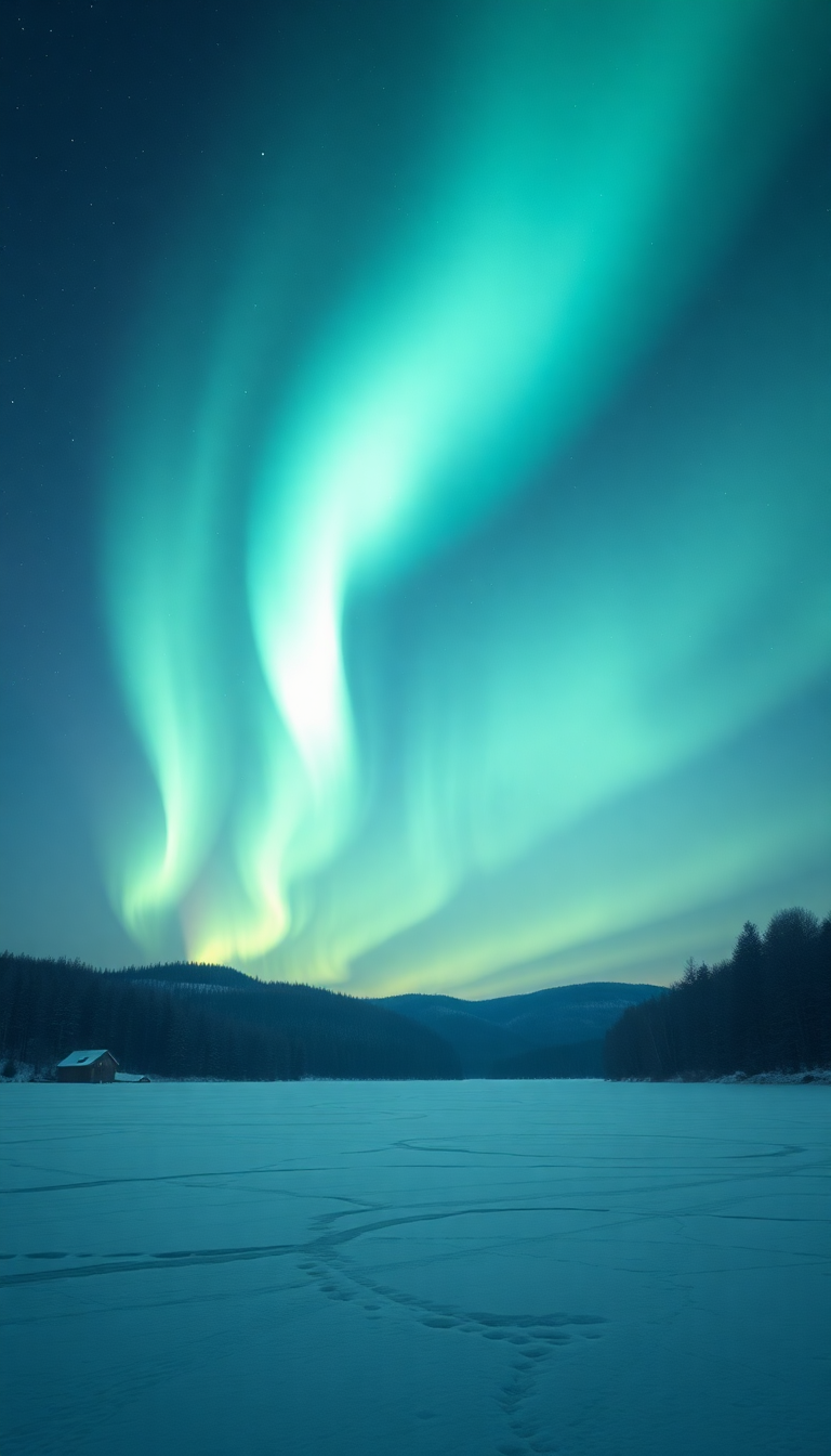 Winter Northern Lights Over Frozen Lake Photorealistic Exclusive Wallpaper