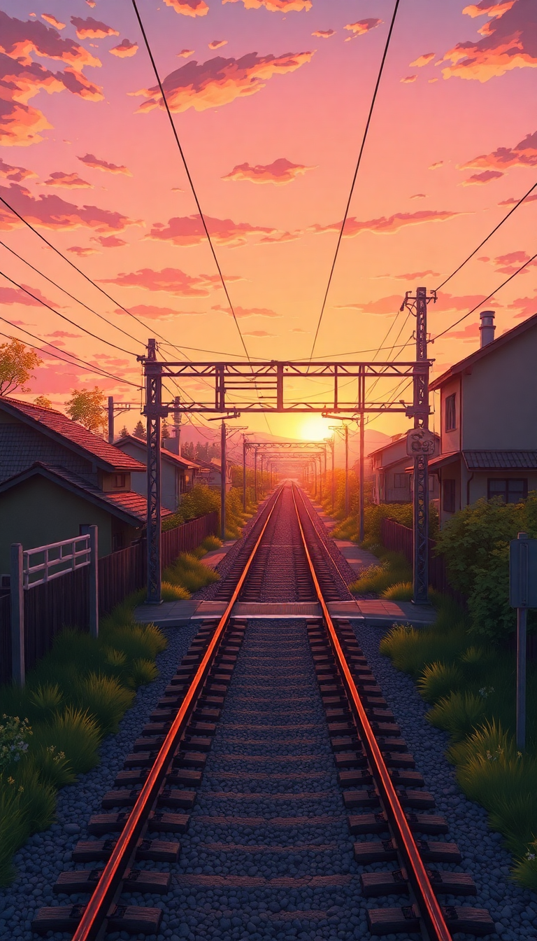 Train Crossing Rural Japan Sunset Anime Wallpaper
