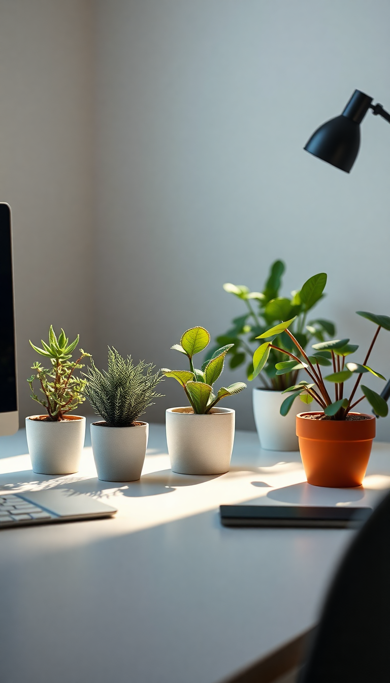 Minimalist Desk Setup Plants Morning Photorealistic Wallpaper