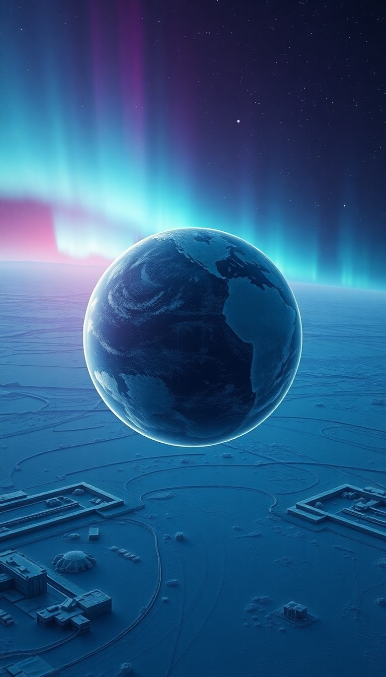 Lonely Satellite Orbiting Ice Planet Photorealistic Wallpaper