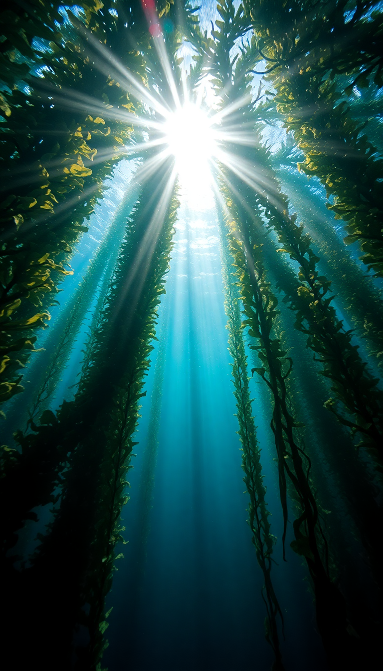 Underwater Kelp Forest Sun Rays Photorealistic Wallpaper