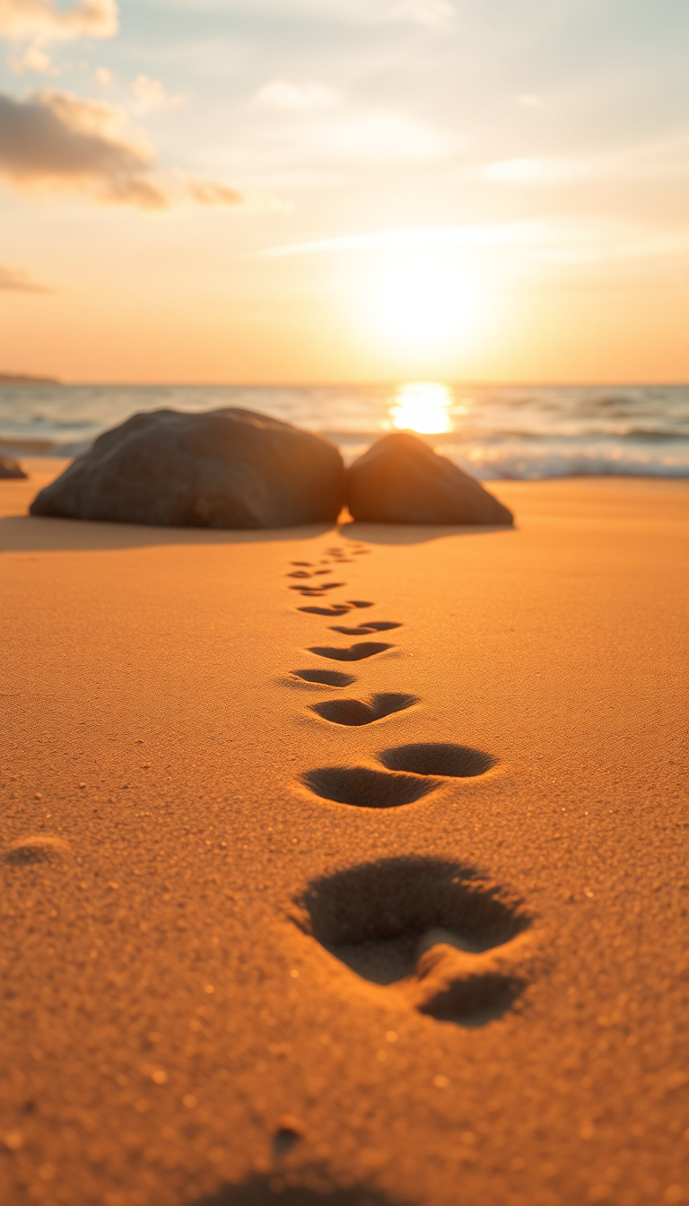 Summer Beach Golden Hour Footprints Photorealistic Wallpaper