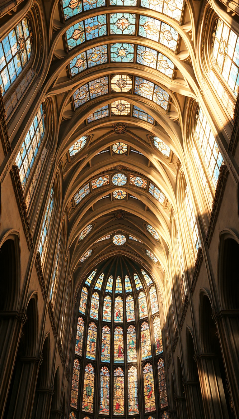 Cathedral Ceiling Stained Glass Light Streaming Photorealistic Mini Wallpaper