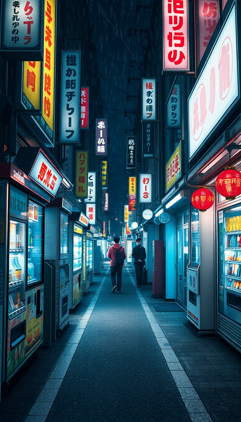 Tokyo Alley Night Vending Machines Glow Photorealistic HD Wallpaper
