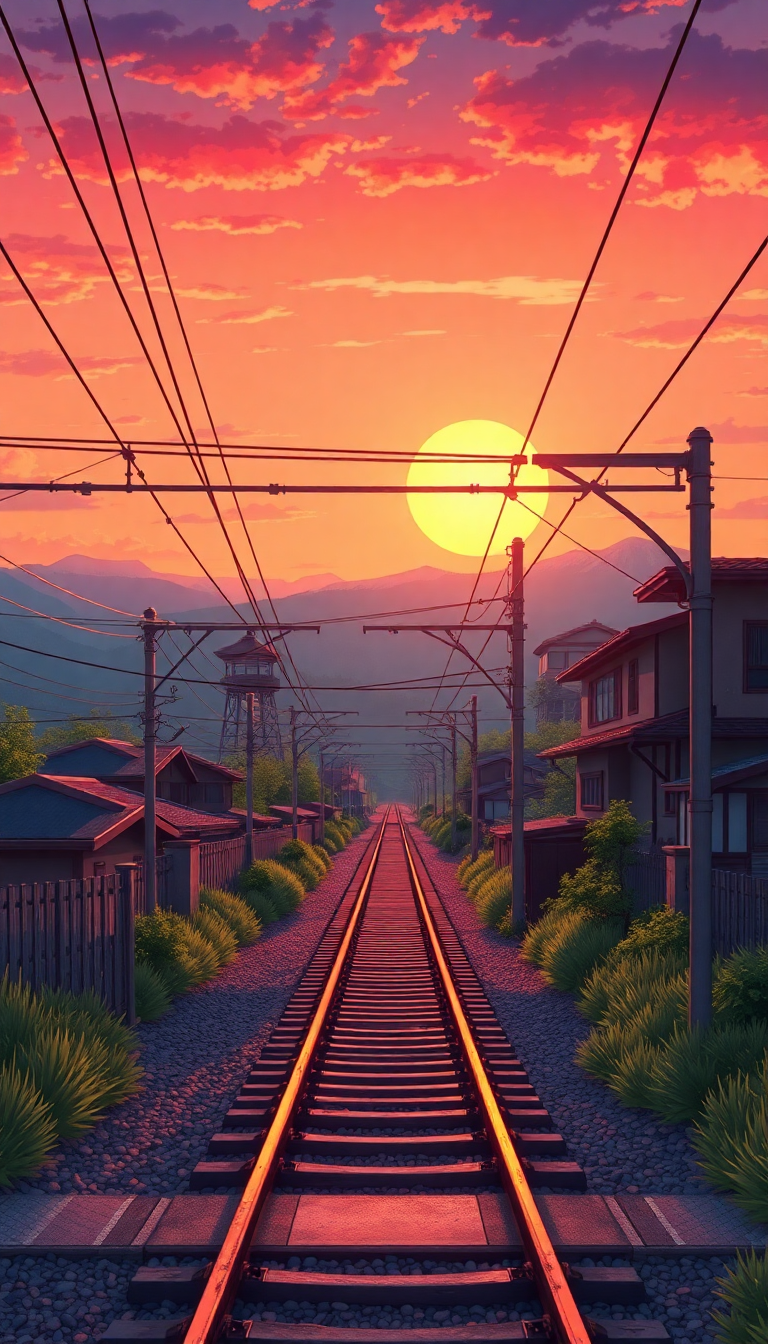 Ethereal Train Crossing Rural Japan Sunset Wallpaper