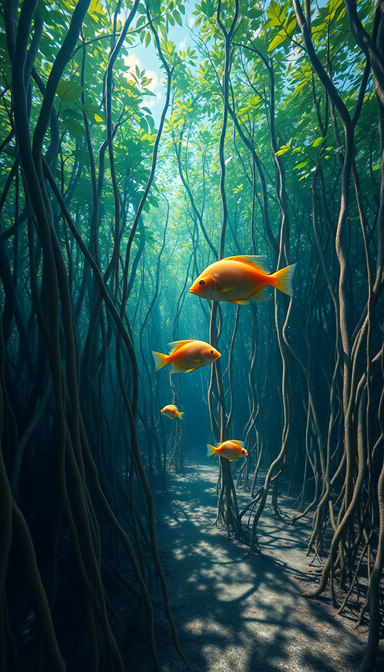 Smooth Mangrove Roots Fish Photorealistic Wallpaper