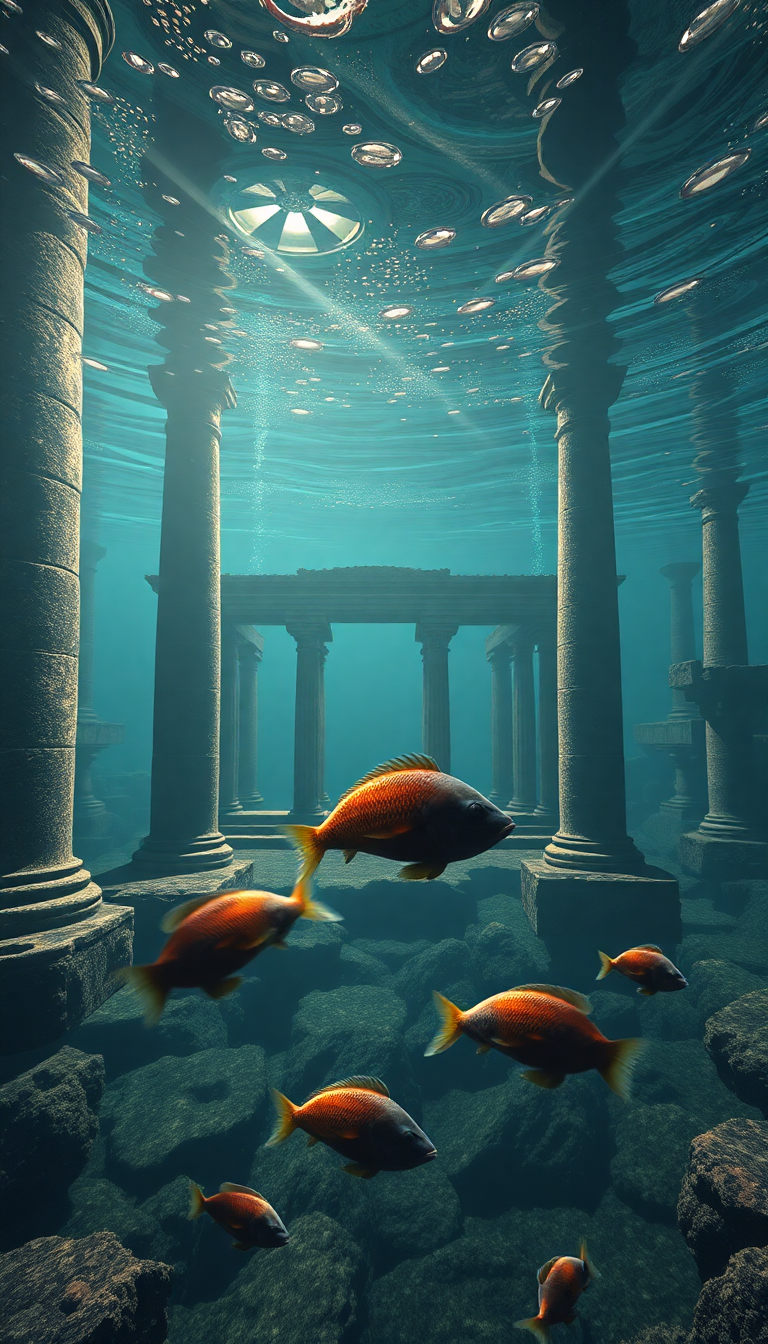 Raw Swimming Fish Temple Ancient Digital art Wallpaper
