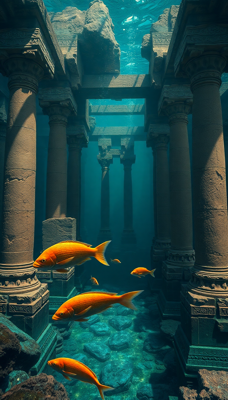 Deep Sunken Ancient Temple Fish Swimming Wallpaper