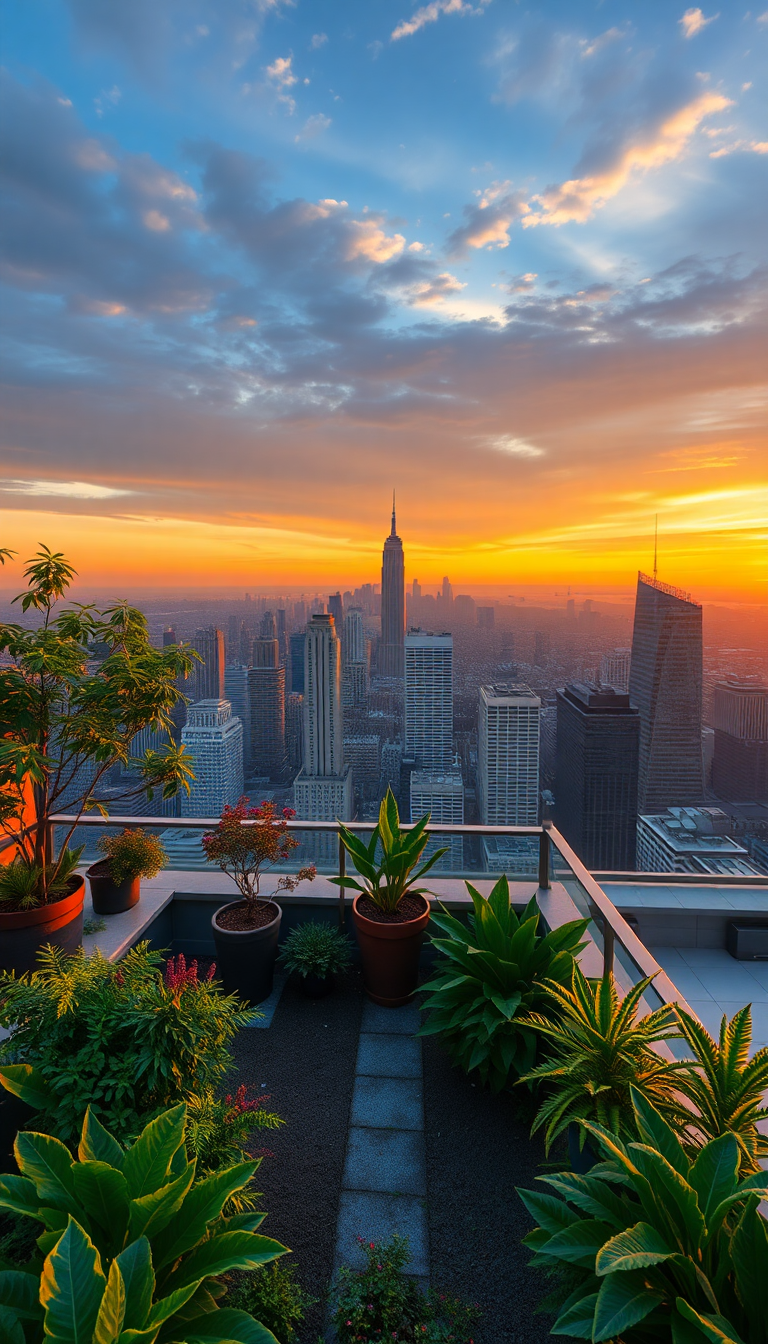 Rooftop Garden Oasis Above City Skyline Photorealistic Fresh Wallpaper