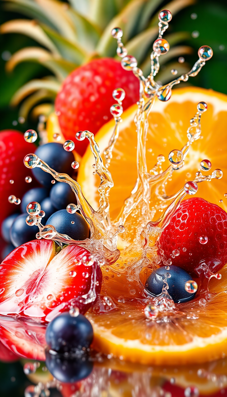 Tropical Fruit Splash Water Droplets Photorealistic Wallpaper
