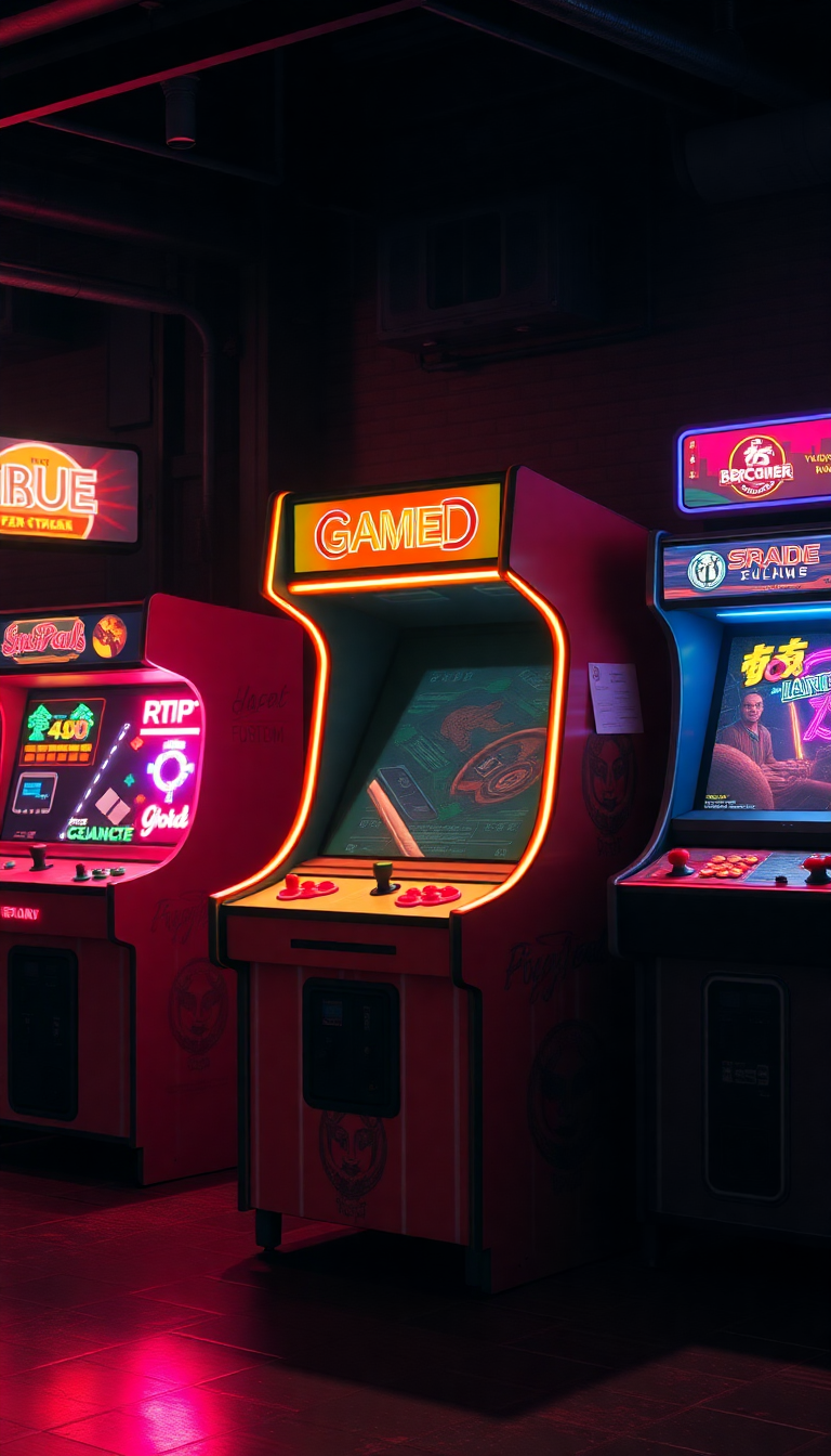 Old Arcade Machines Dark Room Photorealistic Wallpaper