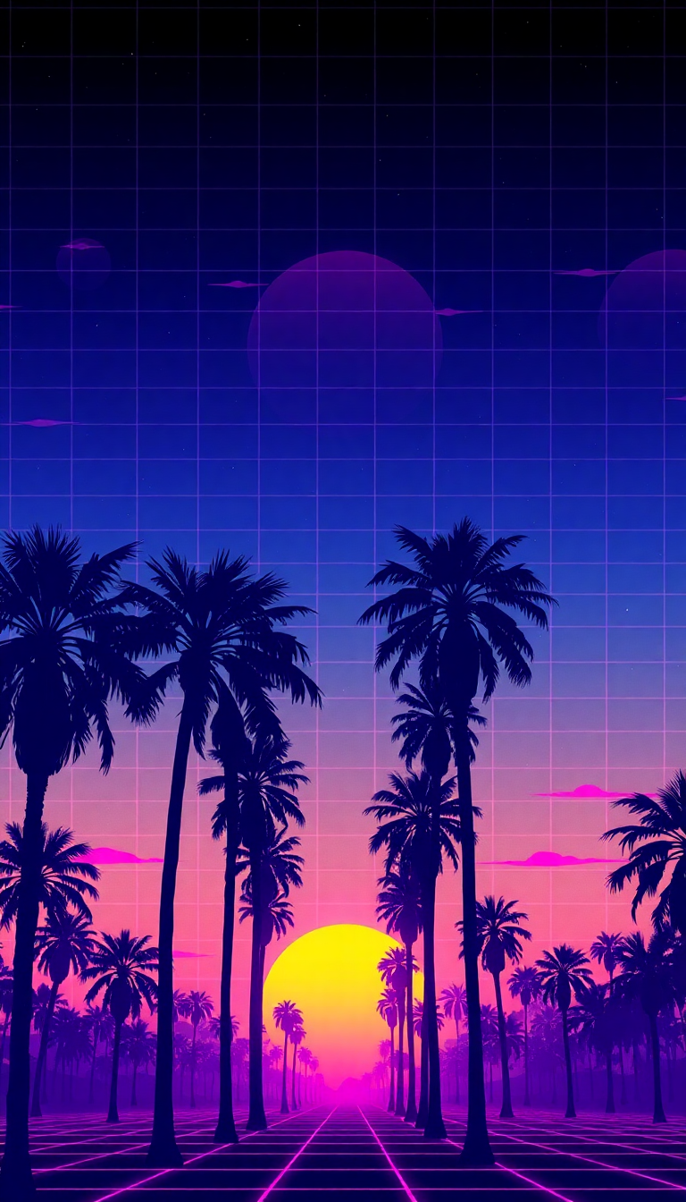 Futuristic Synthwave Grid Sunset Palm Digital art Wallpaper