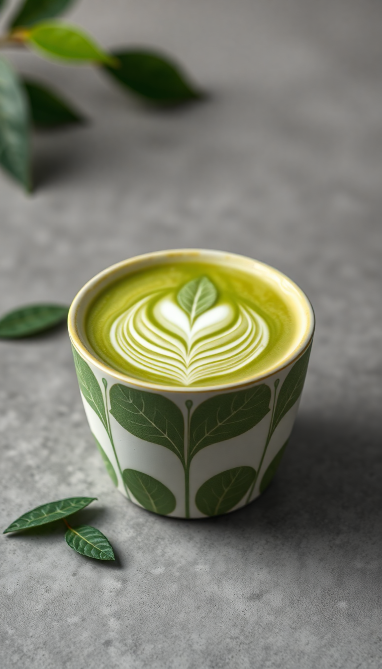 Matcha Latte Art Leaf Pattern Ceramic Photorealistic Enhanced Wallpaper