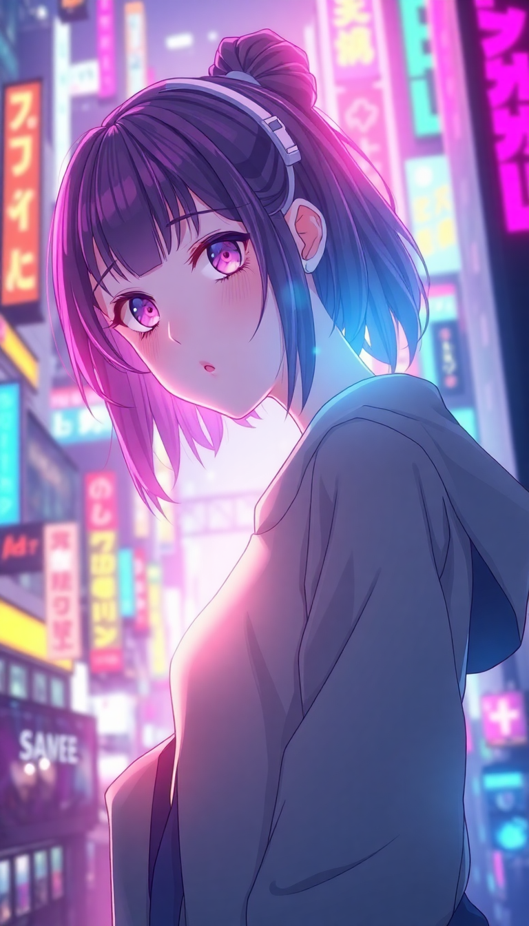Primal Girl Neon City Holographic Wallpaper