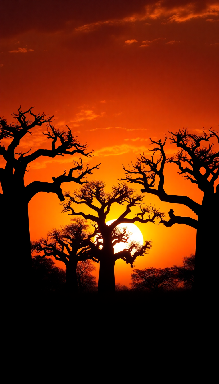 Baobab Trees Silhouette African Sunset Orange Photorealistic Max Wallpaper