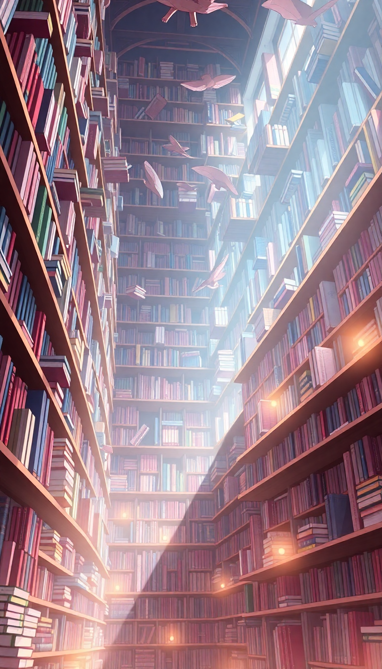 Moody Library Infinite Bookshelves Floating Anime Wallpaper