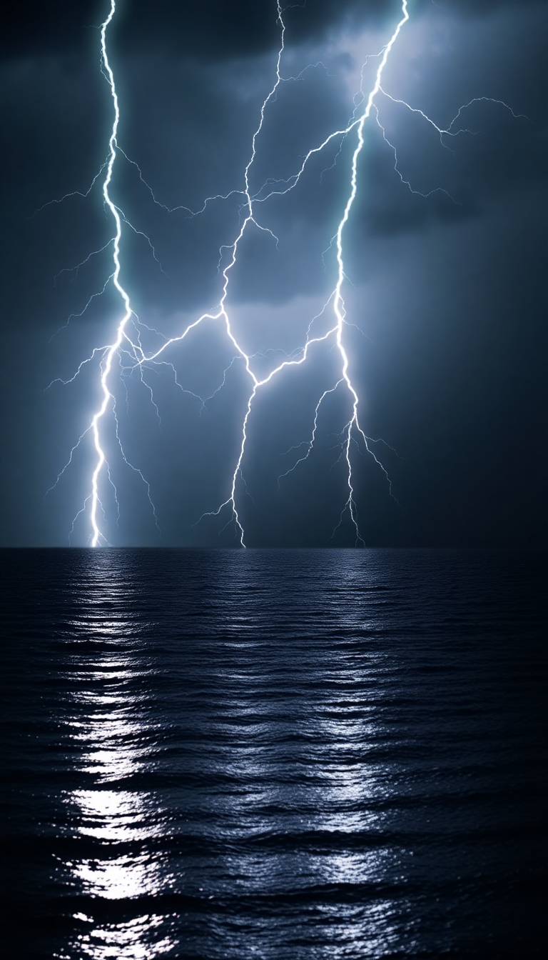 Magnetic Lightning Over Ocean Photorealistic Wallpaper
