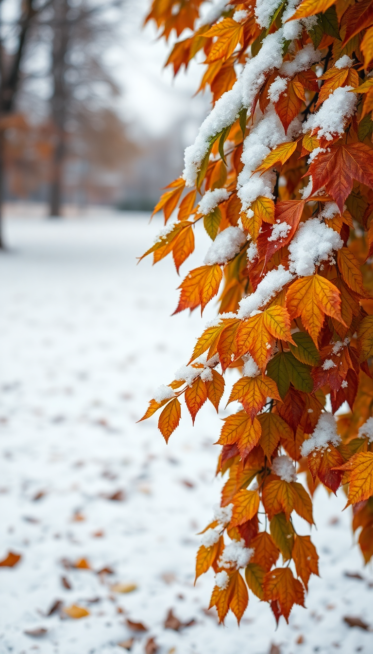 First Snow Falling Autumn Leaves Transition Photorealistic Lite Wallpaper