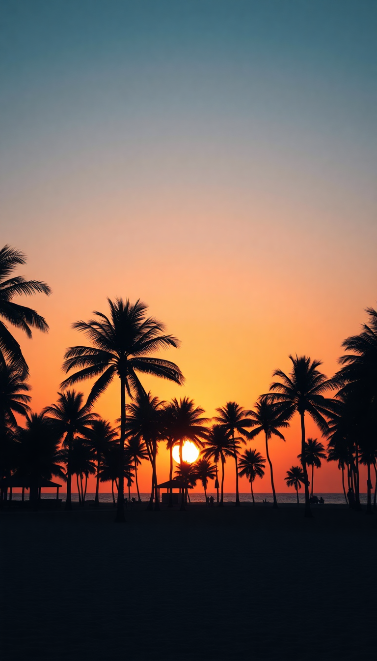 Summer Sunset Beach Silhouette Palm Photorealistic Wallpaper