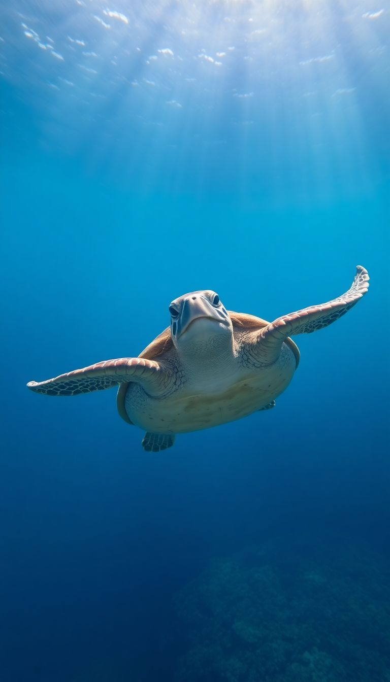 Sea Turtle Swimming Sunbeams Underwater Photorealistic Wallpaper