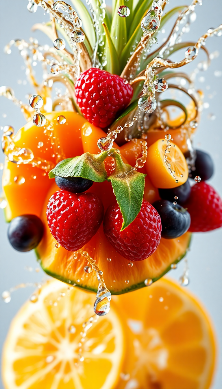 Dramatic Droplets Water Splash Fruit Photorealistic Wallpaper