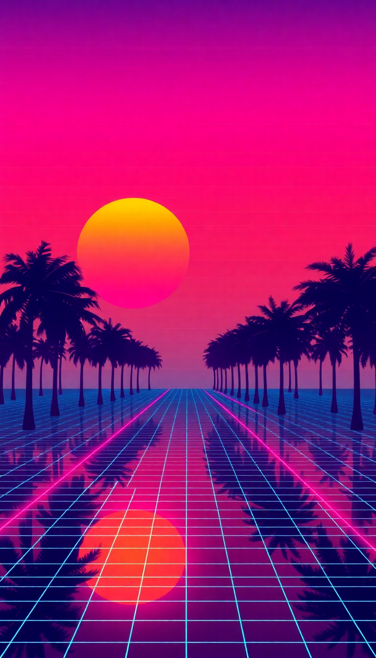 80s Synthwave Grid Sunset Palm Trees Digital art Mega Wallpaper