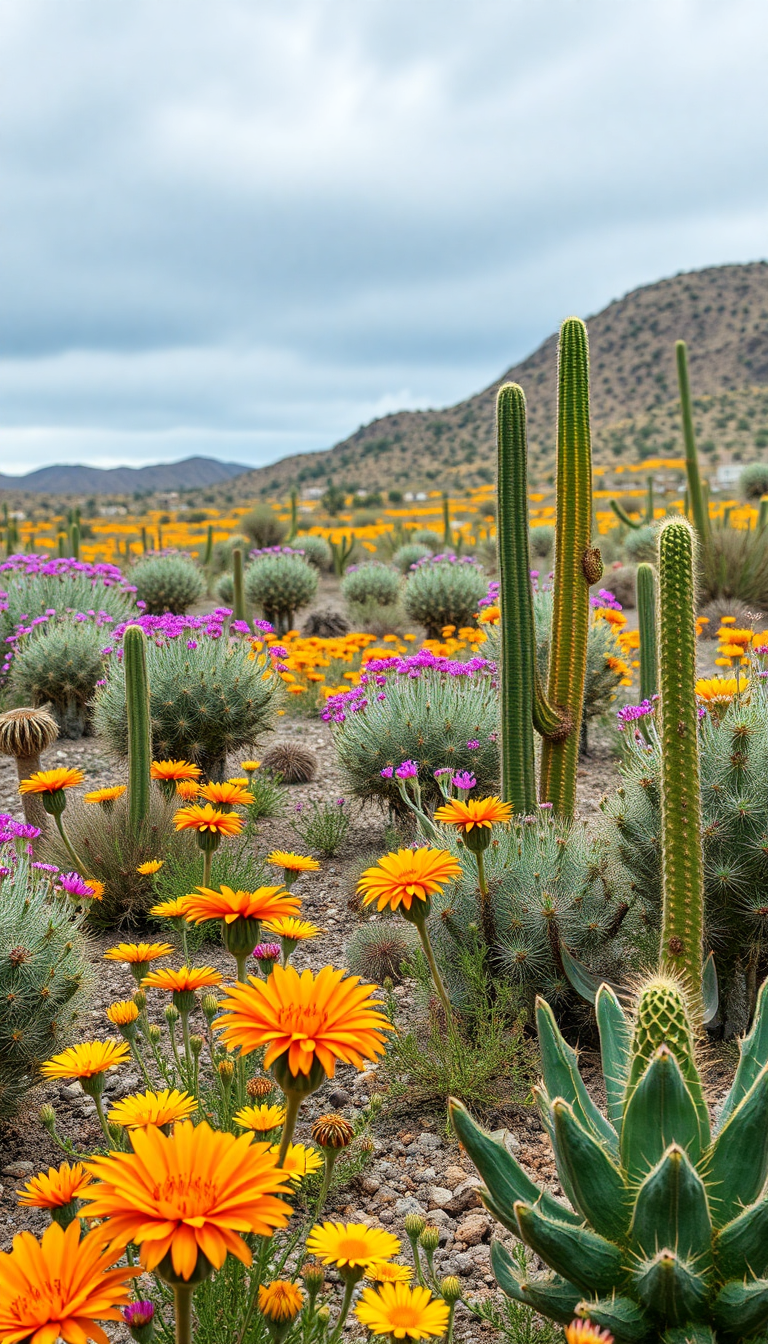 Monochrome Desert After Rain Wildflowers Cacti Wallpaper