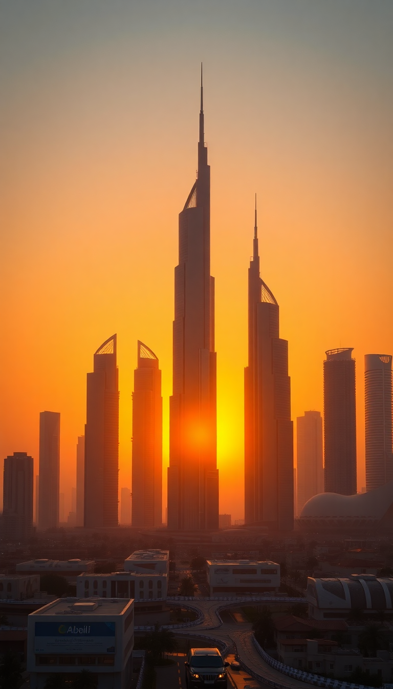 Gothic Sunset Towers Futuristic Skyline Photorealistic Wallpaper