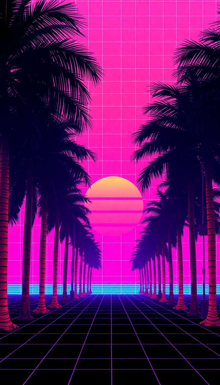 Bold Palm Sunset Grid Synthwave Digital art Wallpaper