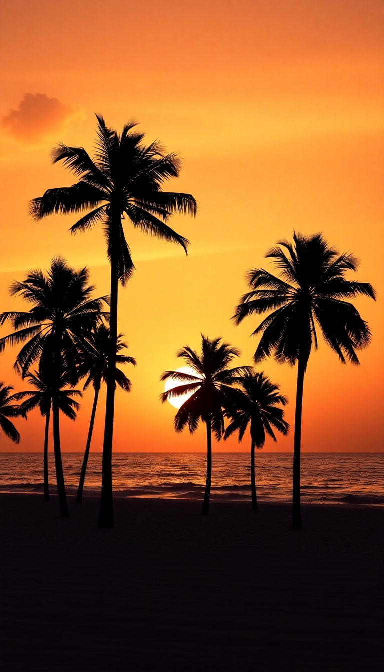 Summer Sunset Beach Silhouette Palm Trees Photorealistic Lite Wallpaper