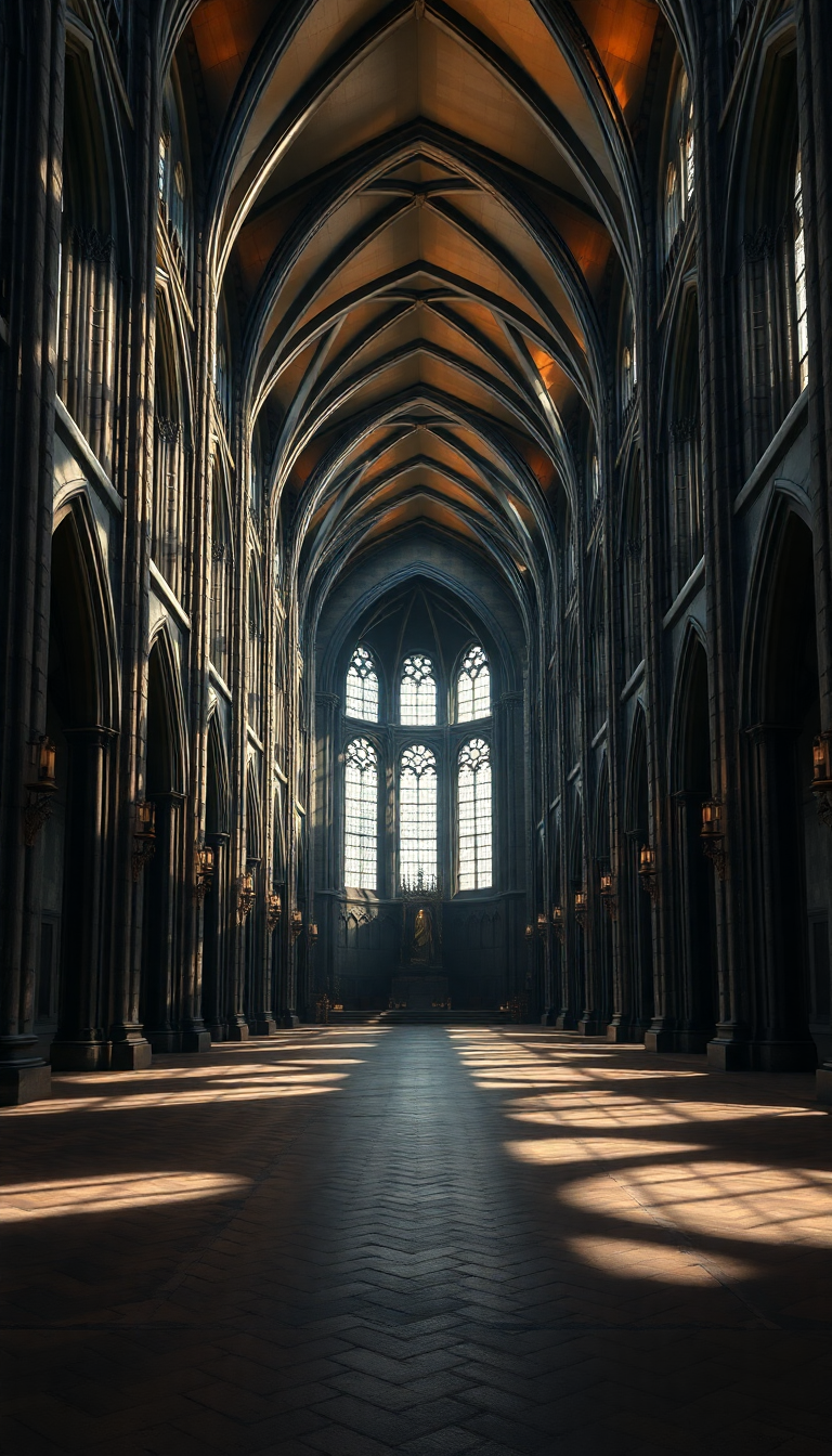Serene Cathedral Interior Candlelight Shadows Photorealistic Wallpaper