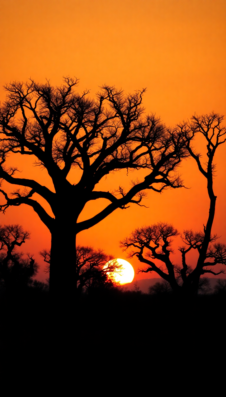 Solar Sunset African Silhouette Trees Photorealistic Wallpaper