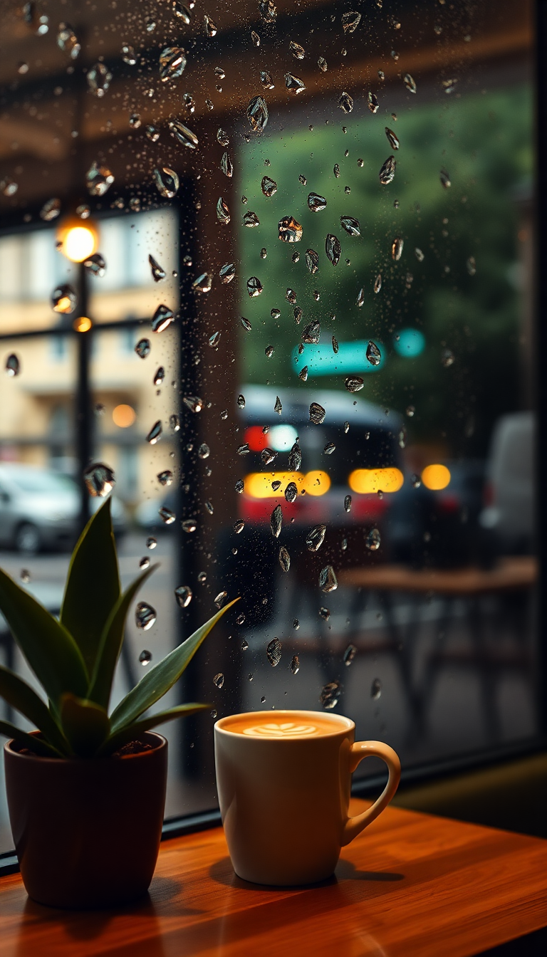 Coffee Shop Window Rain Outside Cozy Aesthetic Version Wallpaper